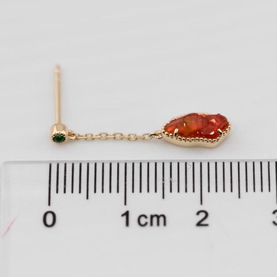 Two Colors Mexican Fire Opal Tsavorite Drop Earrings 18k Yellow Gold In New Condition For Sale In Suwanee, GA