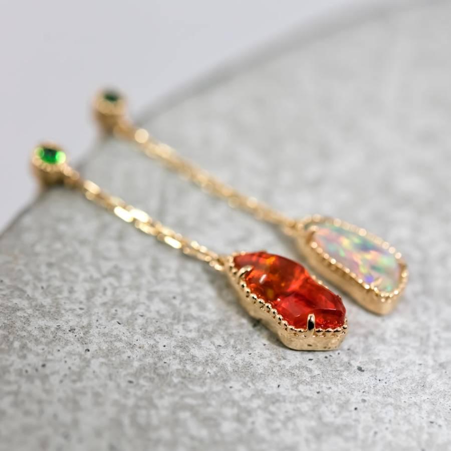 Artist Two Colors Mexican Fire Opal Tsavorite Drop Earrings 18k Yellow Gold For Sale