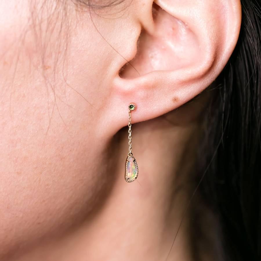 Artist Two Colors Mexican Fire Opal Tsavorite Drop Earrings 18k Yellow Gold For Sale