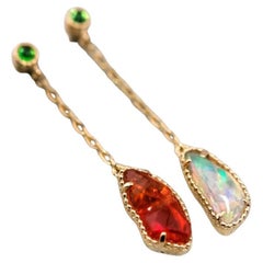 Two Colors Mexican Fire Opal Tsavorite Drop Earrings 18k Yellow Gold