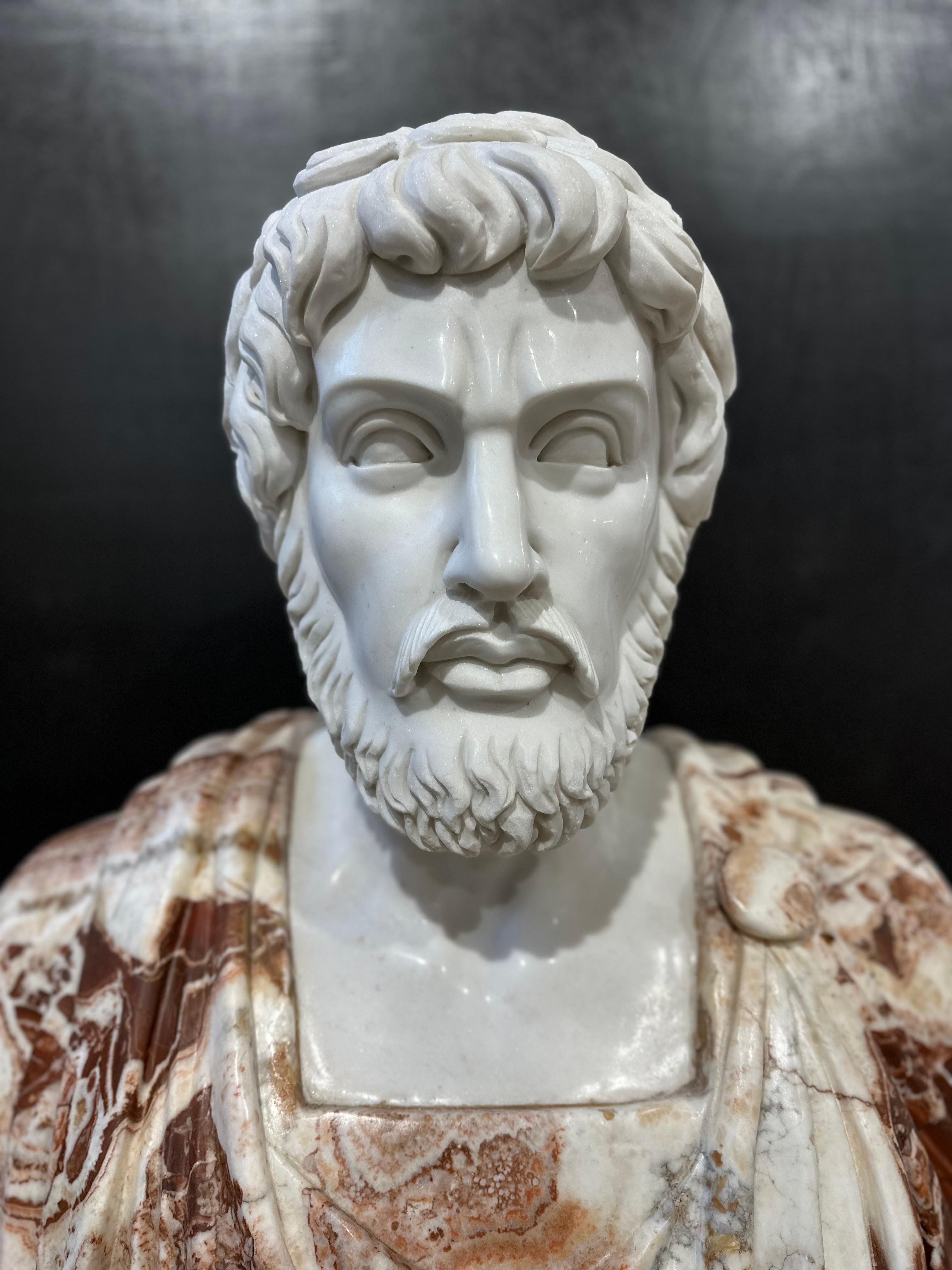 A highly decorative two colour marble Roman style bust on a black marble stand. Skilfully carved with clear features, detailing the ruffled hair and beard together with the smooth drapery of the cloth. This bust would look superb as a centrepiece on