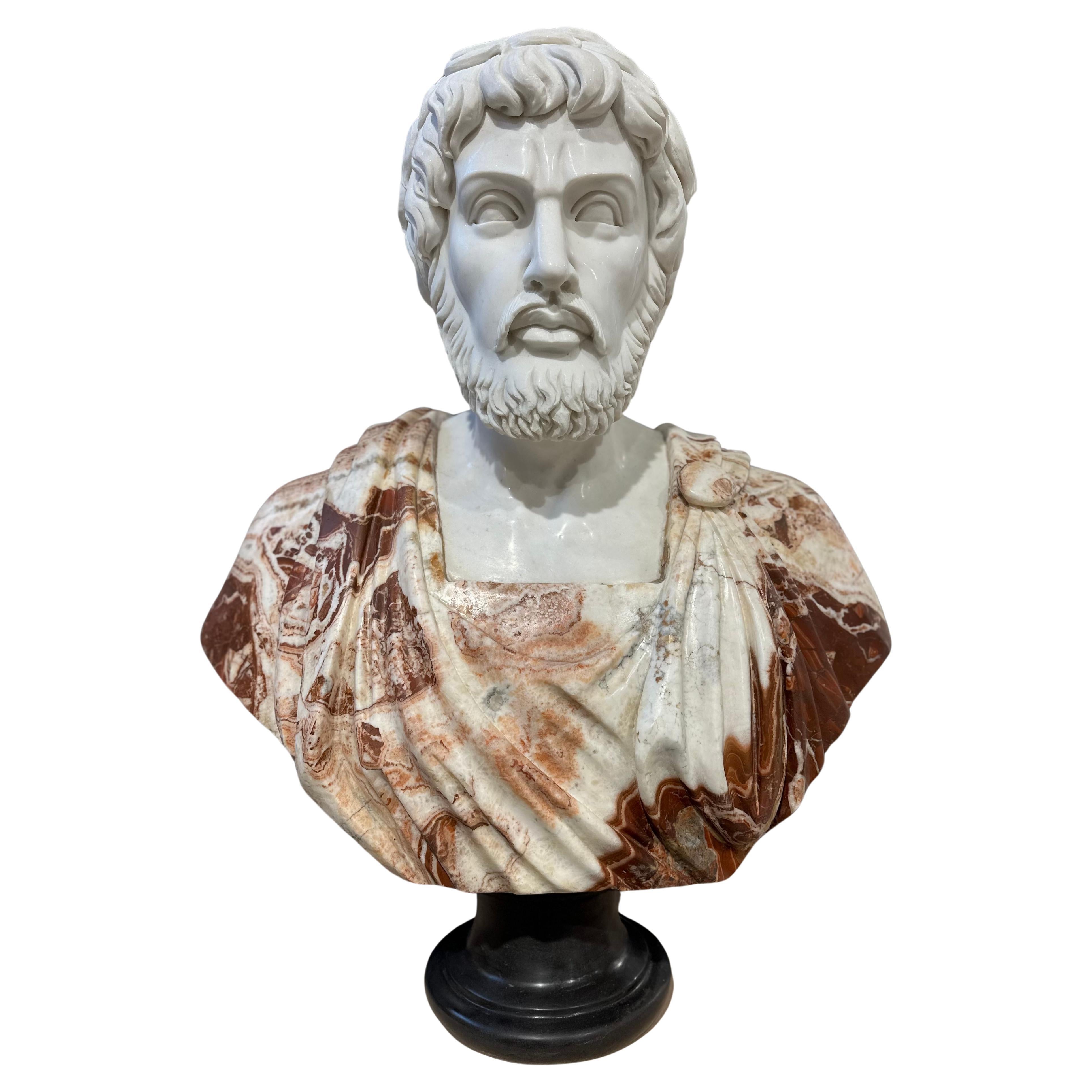 Two Colour Marble Male Roman Style Bust On Black Marble Stand For Sale