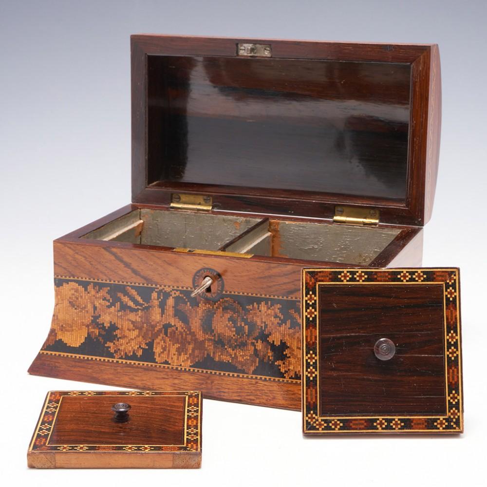 Victorian Two Compartment Tunbridge Ware Tea Caddy Uncommon Depiction Dover Castle, c1870 For Sale