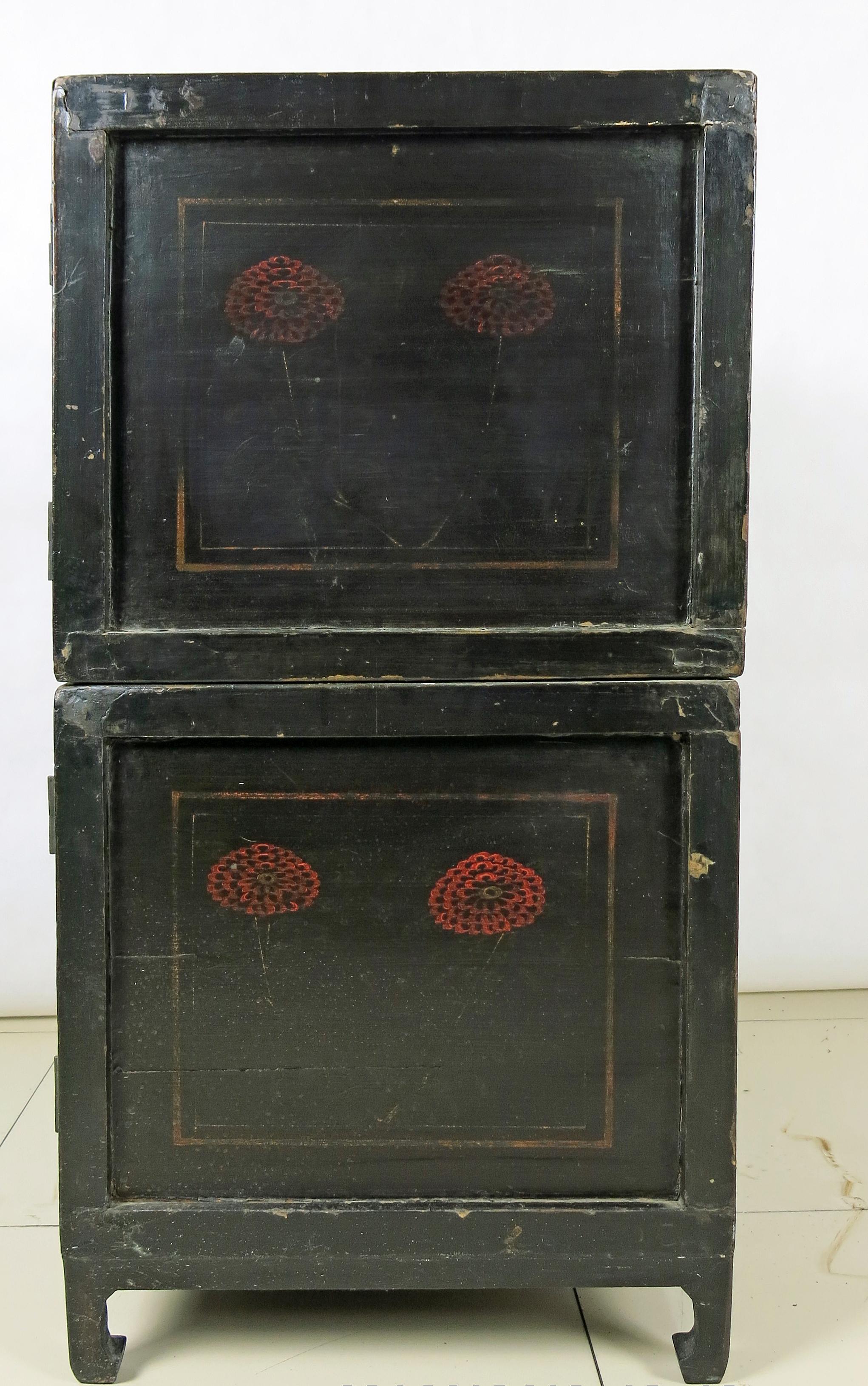 Chinese Two Compartments Cabinet Black Lacquer and Gilt Paint For Sale