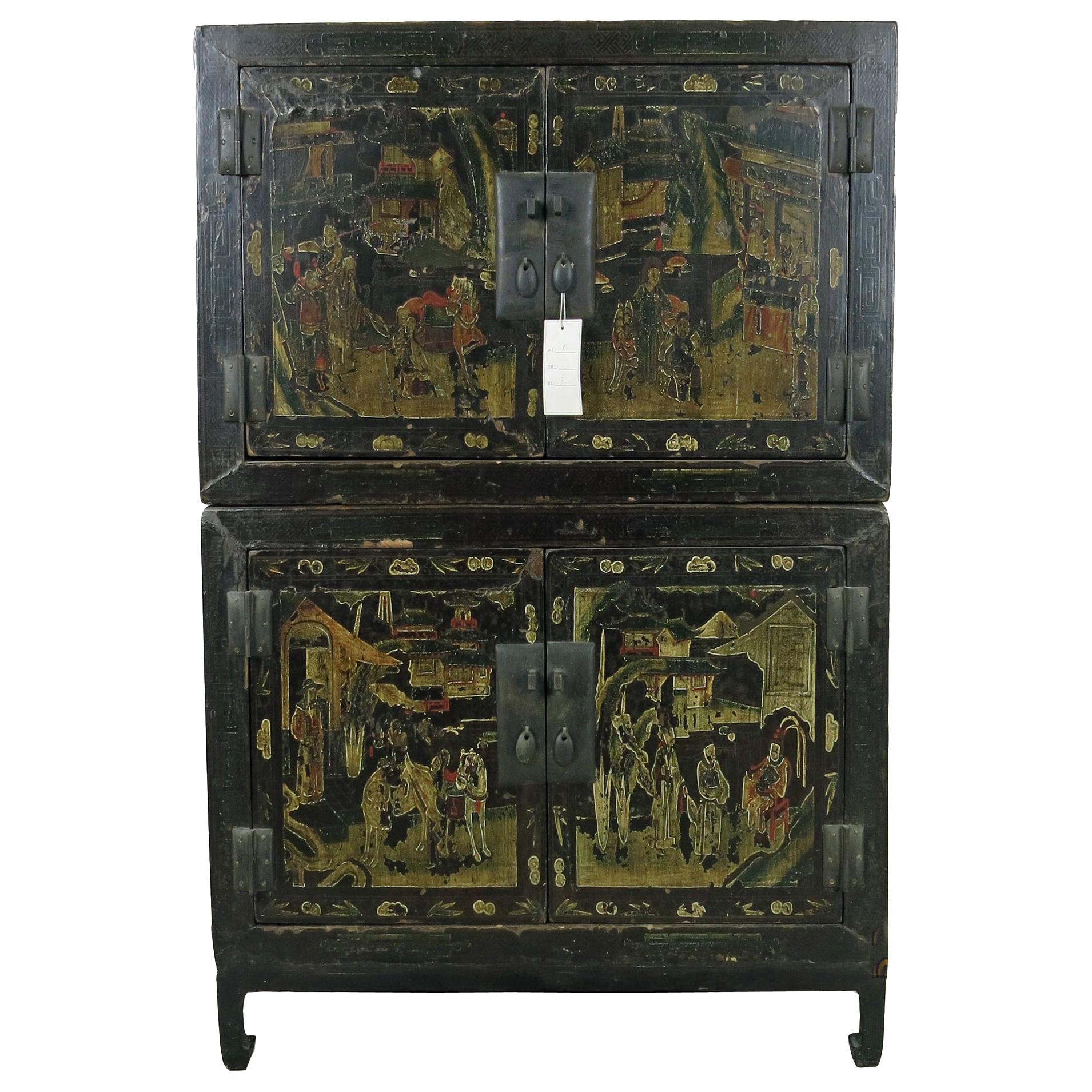 Two Compartments Cabinet Black Lacquer and Gilt Paint For Sale