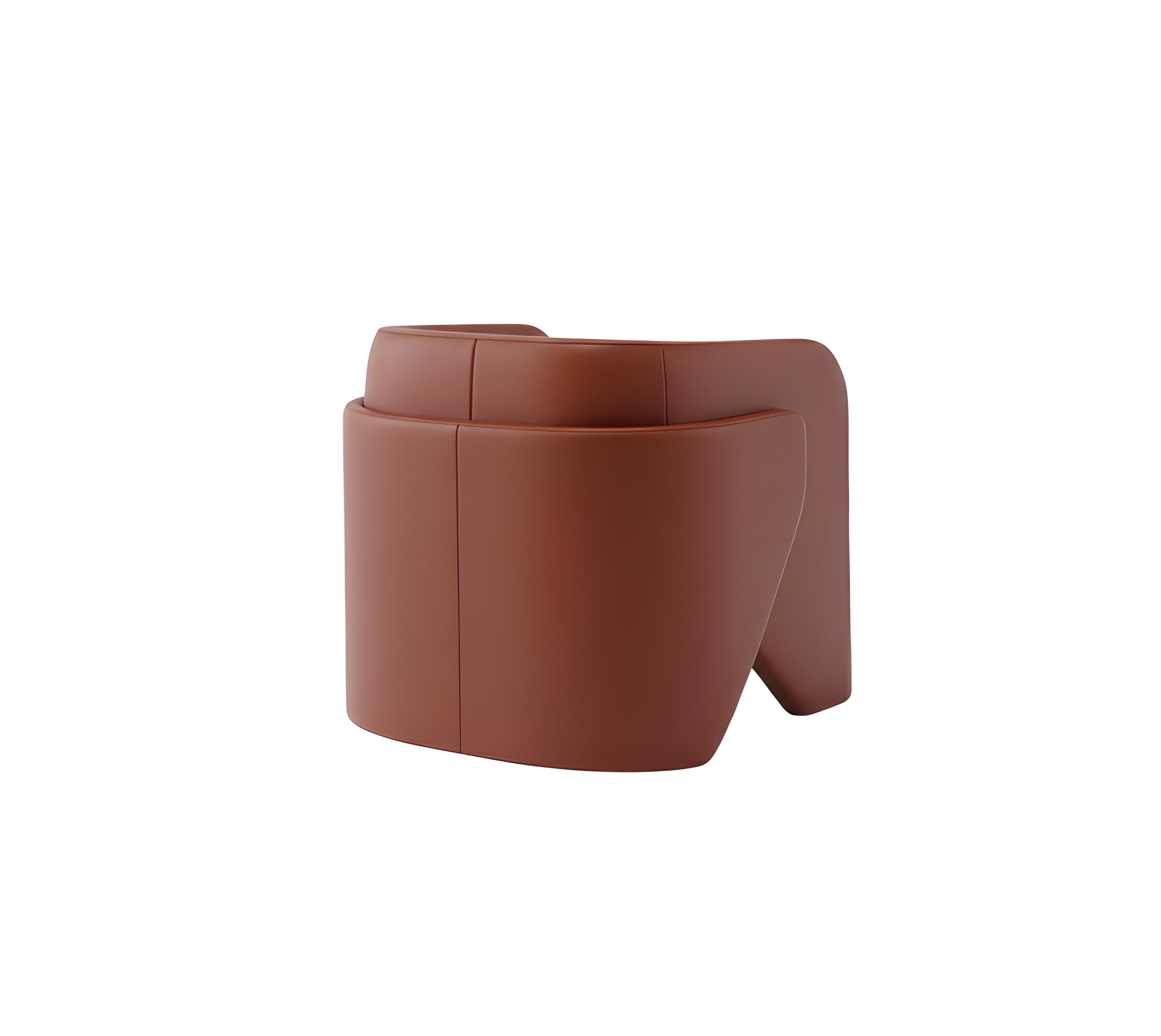 Two contemporary armchairs upholstered in a rich burnt orange velvet & orange faux leather. The armchairs have a distinctive, modern design with thick, curved backs that wrap around to form armrests, and a low profile. The fabric is rich with