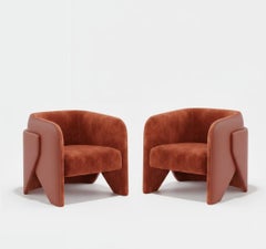 Two Contemporary Armchairs w Curved Back Wrapping Around To Form Armrests-Mondo