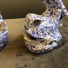 Two Contemporary Hand Painted Terracotta Unique Pieces Dolphin Candlesticks