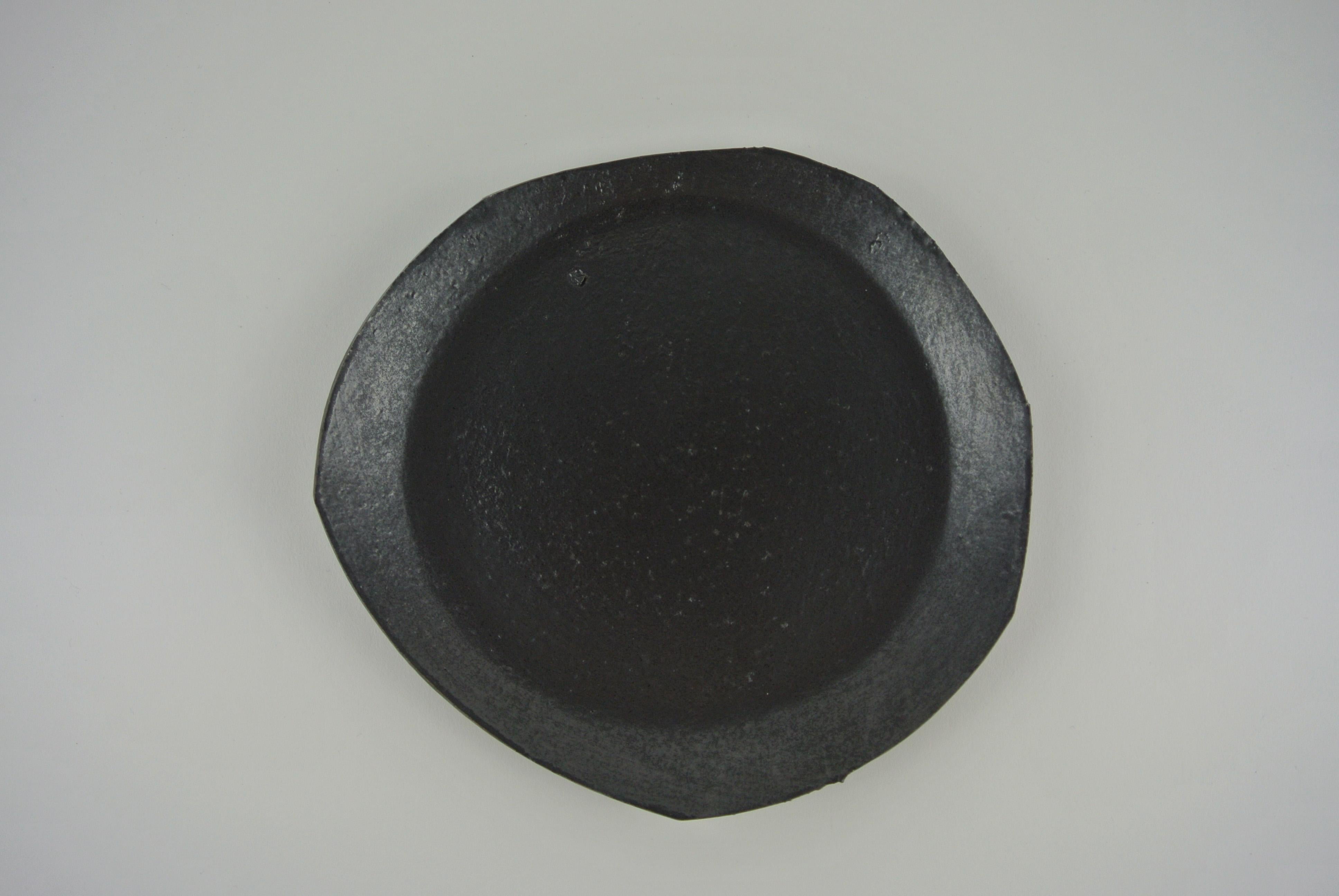Organic Modern Two Contemporary Stoneware Plates with Black Glaze For Sale