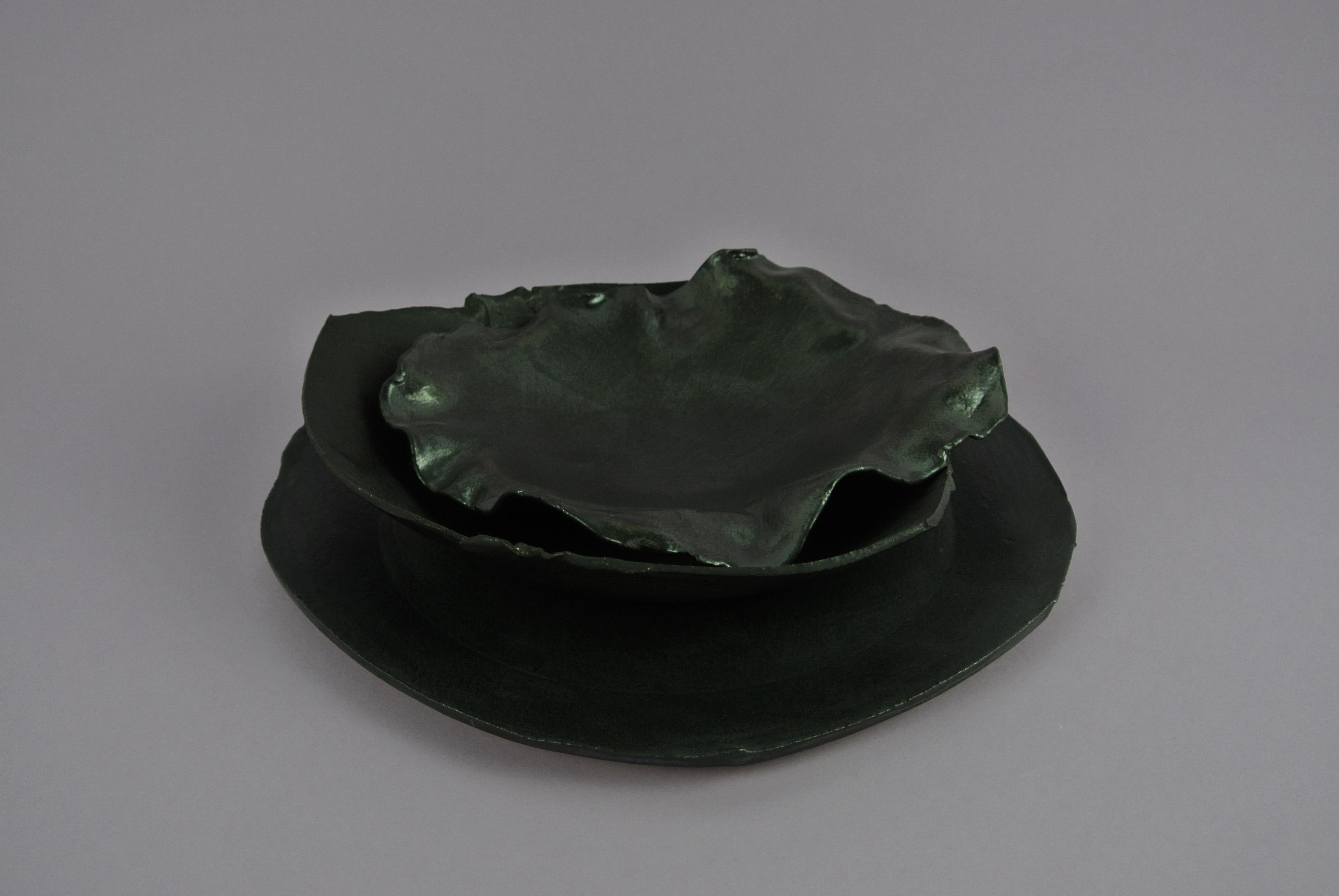 Hand-Crafted Two Contemporary Stoneware Plates with Black Glaze For Sale