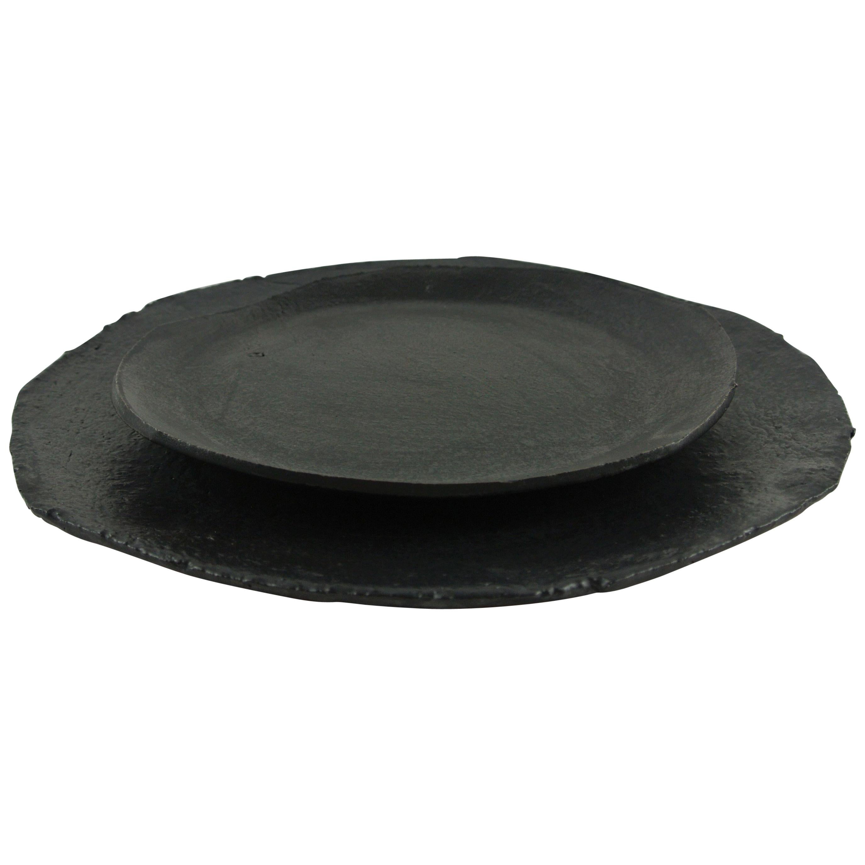 Two Contemporary Stoneware Plates with Black Glaze For Sale