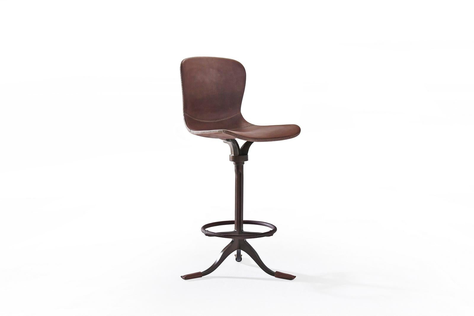 Contemporary Two Counter-Height Swivel Chairs with Footrest Ring 'Truffe', by P. Tendercool