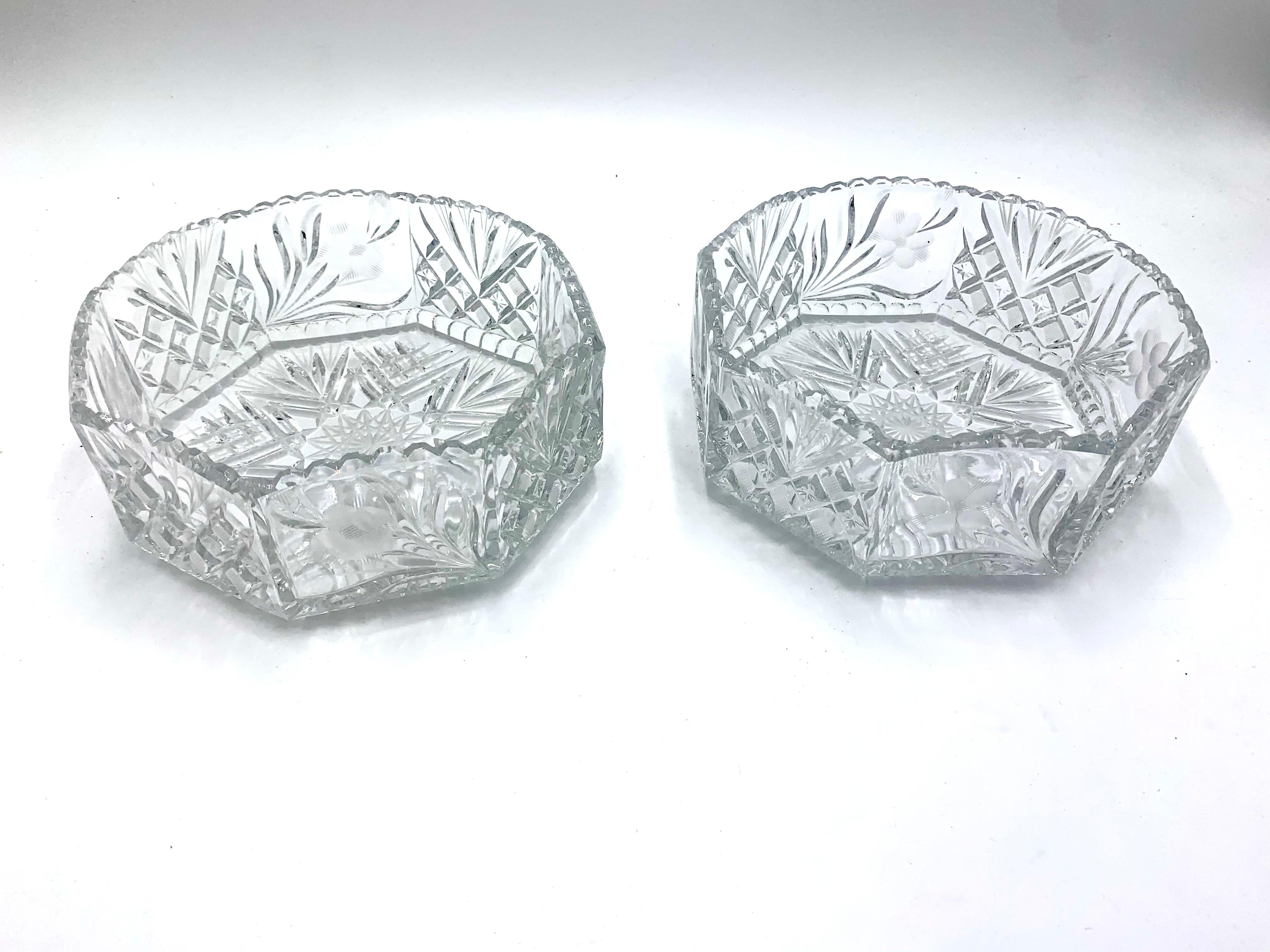 Polish Two Crystal Octagonal Decorative Bowls, Poland, 1950s For Sale