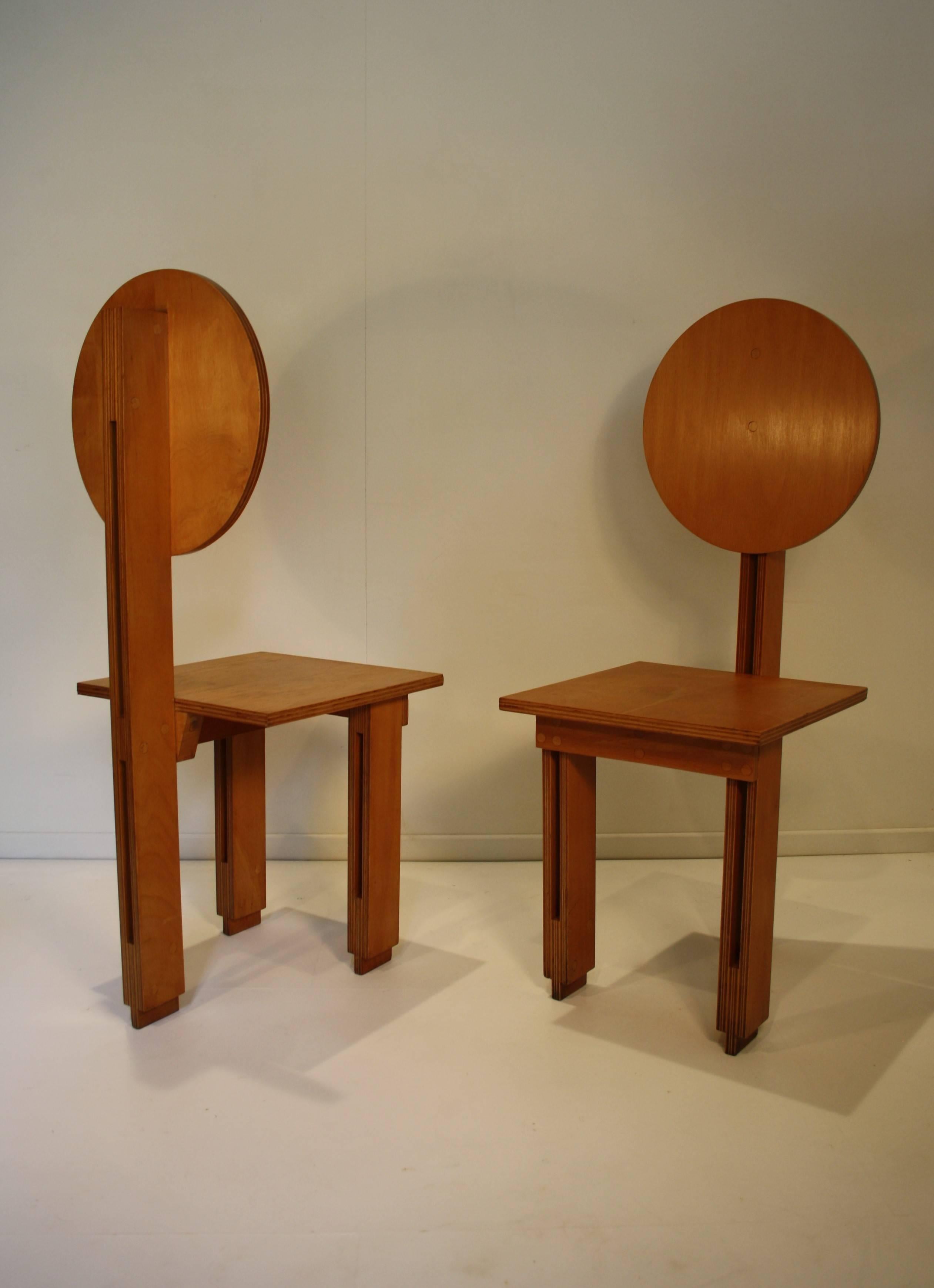 A pair of chairs by Marcel-Louis Baugniet made from plywood in original condition.
Very simple cubist chairs with fine details of the wood connections.
Marcel-Louis Baugniet, (1896-1995) is a Belgian avant-garde artist considered as one of the