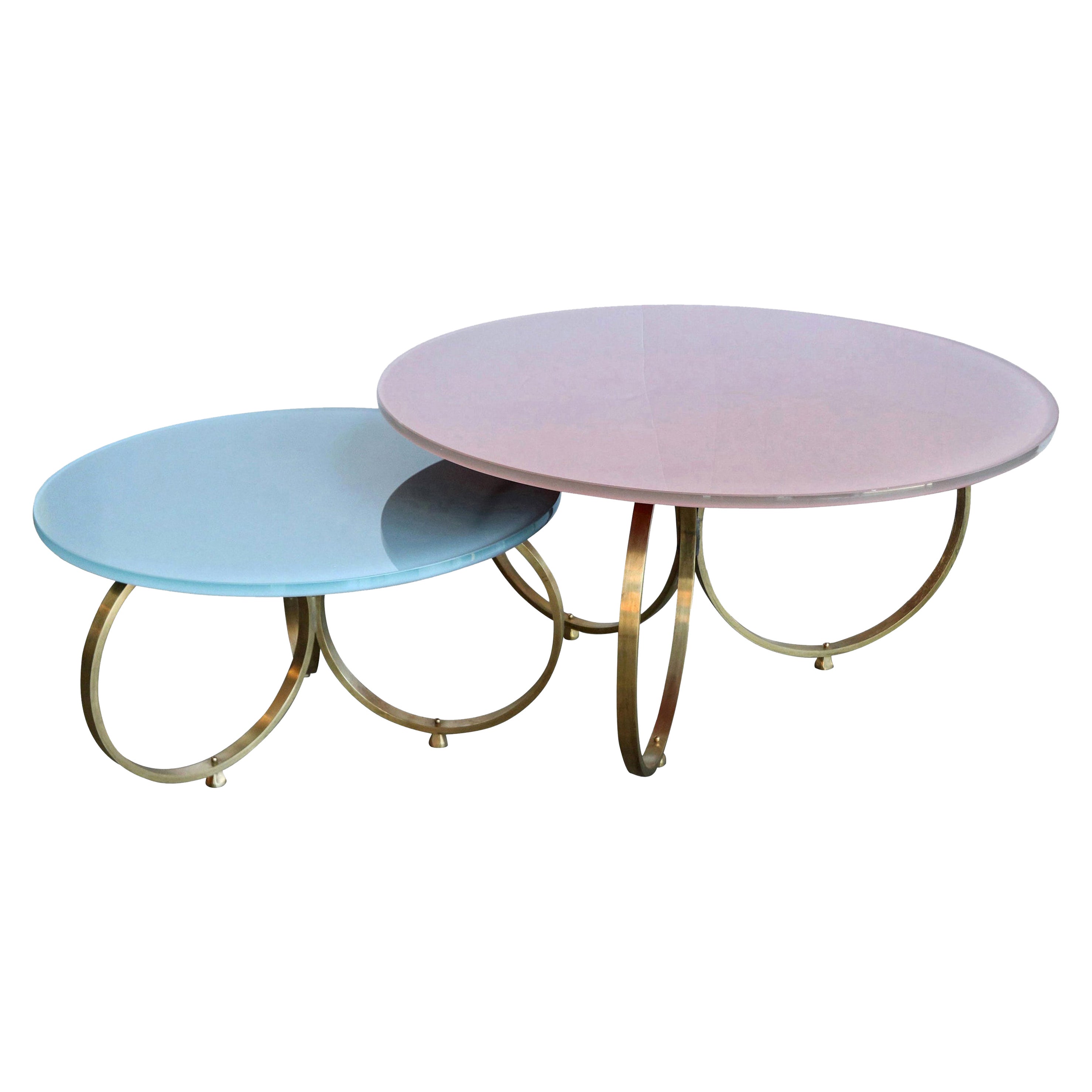 Two Custom Brass Coffee Tables with Reverse Painted Glass Top by Adesso Imports For Sale