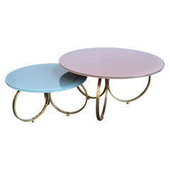 Two Custom Brass Coffee Tables with Reverse Painted Glass Top by Adesso Imports