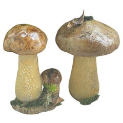 Due simpatici funghi Boletus in cemento per ornamenti da giardino
