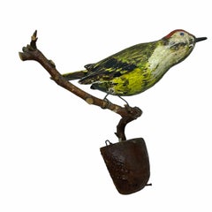 Two Cute Vichtauer Hand Carved Wood Birds, Black Forest Folk Art, Austria 1860s