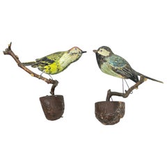 Two Cute Vichtauer Hand Carved Wood Birds, Black Forest Folk Art, Austria 1860s