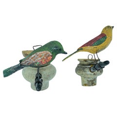 Two Cute Vichtauer Hand Carved Wood Birds, Black Forest Folk Art, Austria 1860s