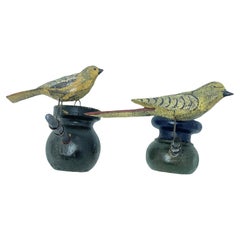 Two Cute Vichtauer Hand Carved Wood Birds, Black Forest Folk Art, Austria 1860s