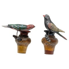 Two Cute Vichtauer Hand Carved Wood Birds, Black Forest Folk Art, Austria 1860s