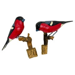 Two Cute Vichtauer Hand Carved Wood Birds, Black Forest Folk Art, Austria 1910s