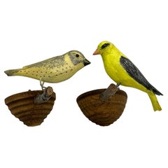 Two Cute Vichtauer Hand Carved Wood Birds, Black Forest Folk Art, Austria, 1910s