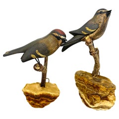 Two Cute Vichtauer Hand Carved Wood Birds, Black Forest Folk Art, Austria