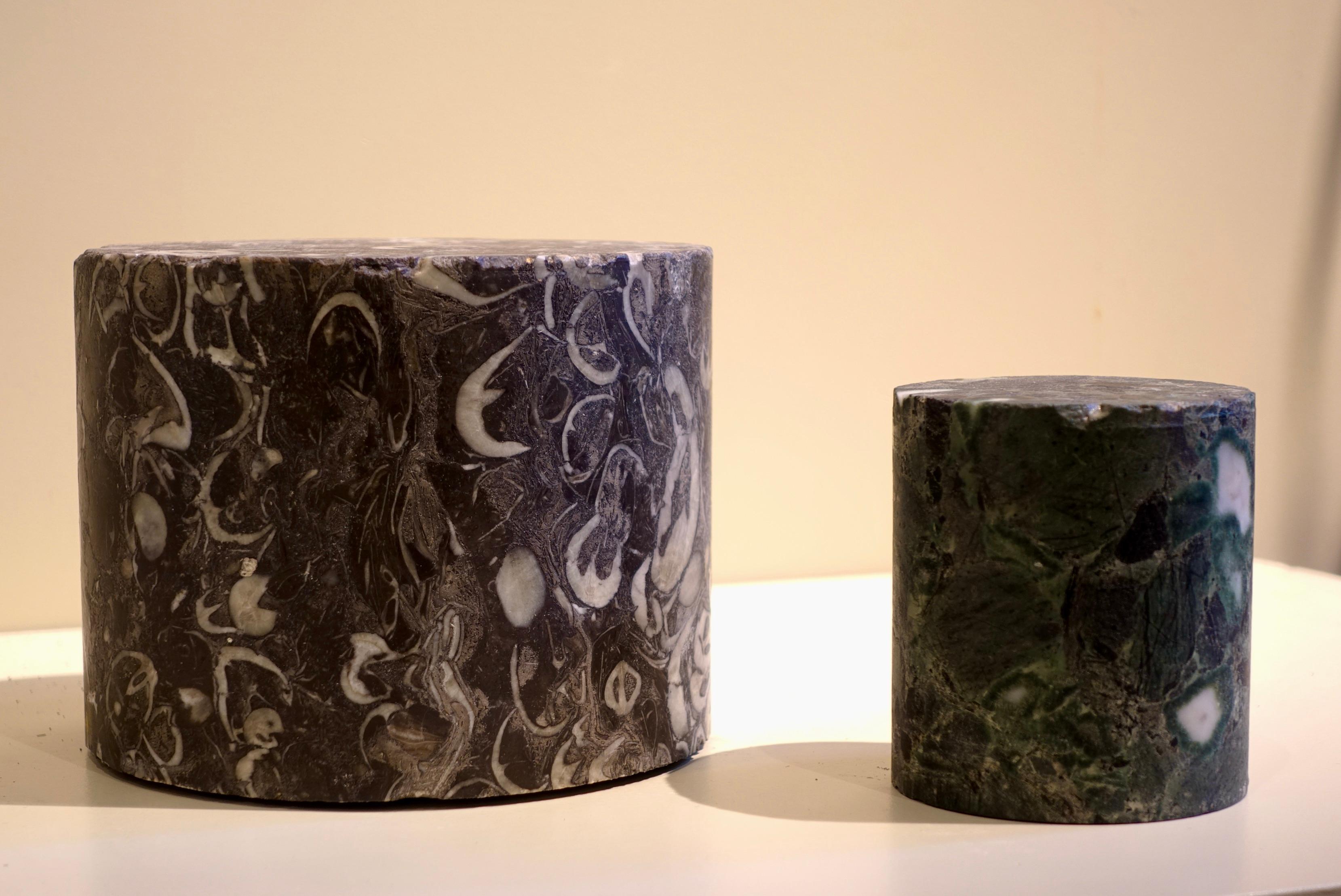 Carved Two cylindrical colored marble specimens - Lumachella and verde antico