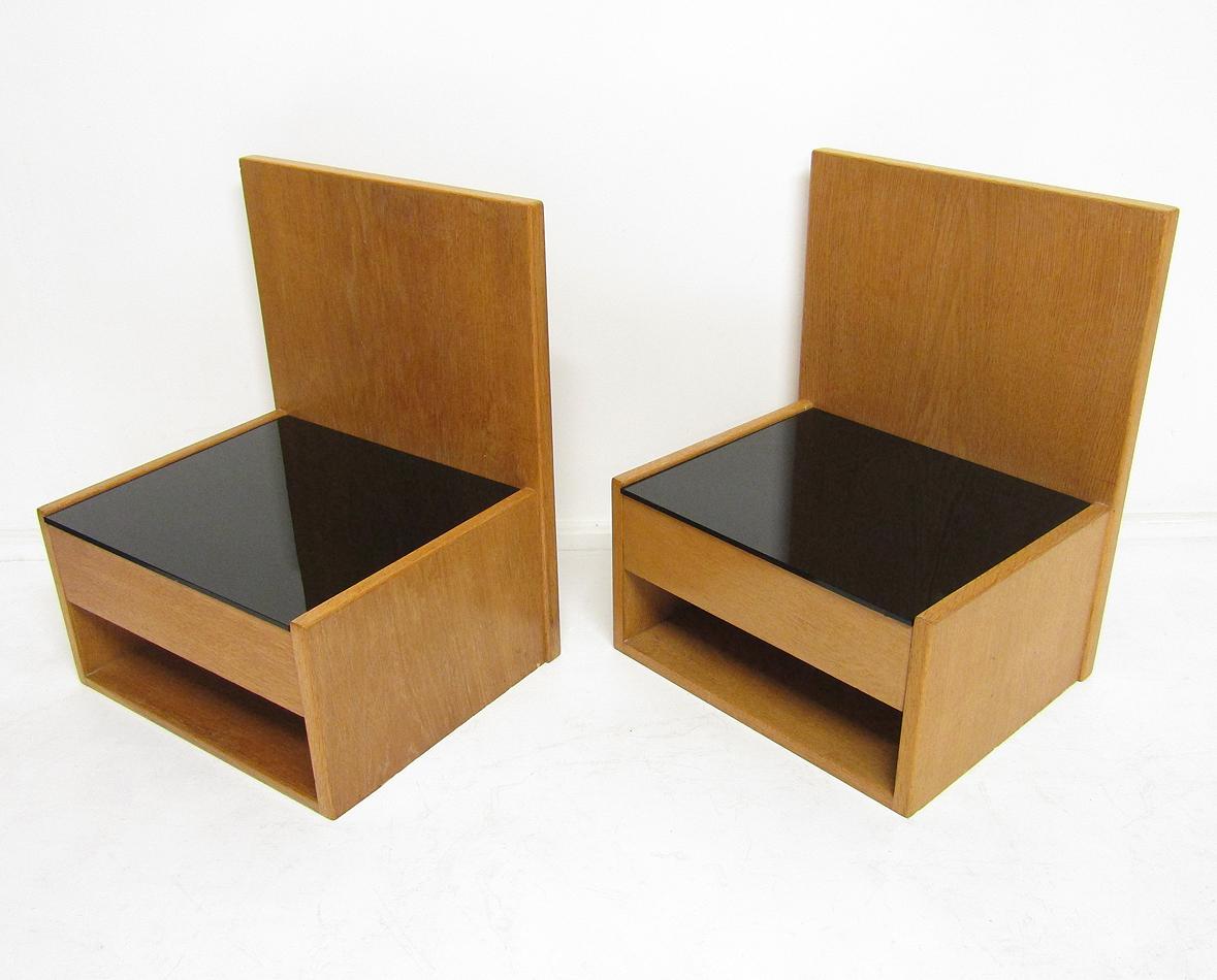 Mid-Century Modern Two Danish 1960s Floating Bedside Nightstands in Oak and Glass by Hans Wegner