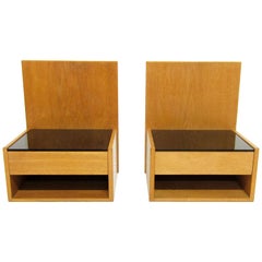 Two Danish 1960s Floating Bedside Nightstands in Oak and Glass by Hans Wegner