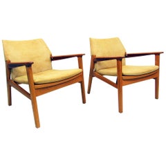 Two Danish 1960s Lounge Chairs by Hans Olsen in Teak, Oak and Suede