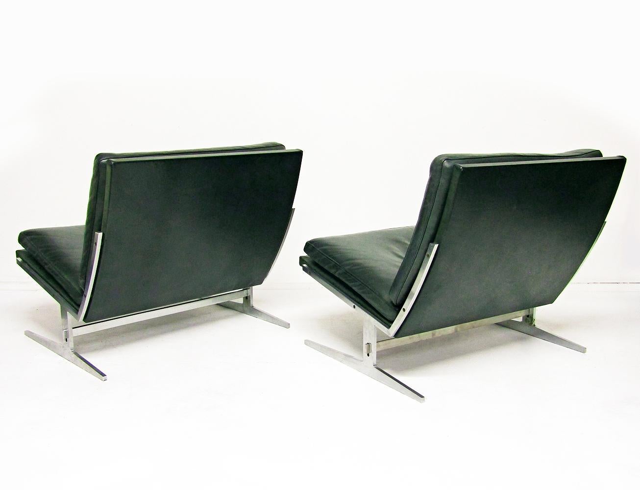 Two Danish BO-561 chairs in steel and leather by Preben Fabricius & Jorgen Kastholm for BO-EX.

Of 1960s vintage, these architectural design classics are robust and very comfortable. The leather covers are a rare deep turquoise color.

The BO-56
