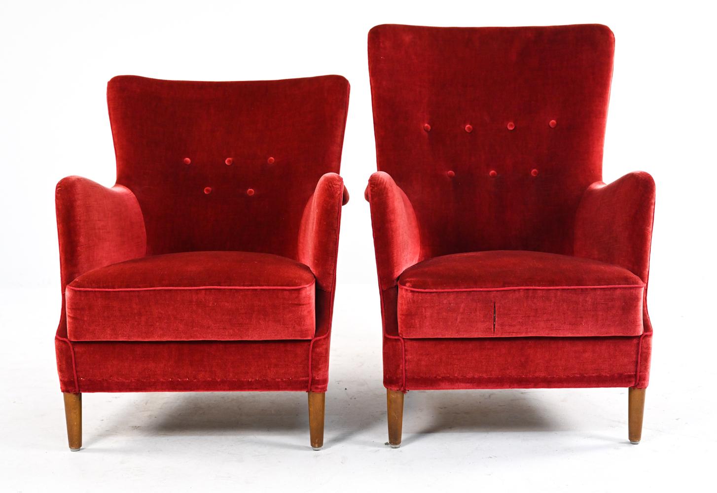 Mid-Century Modern Two Danish Mohair Easy Chairs, Manner of Frits Henningsen, c. 1950's