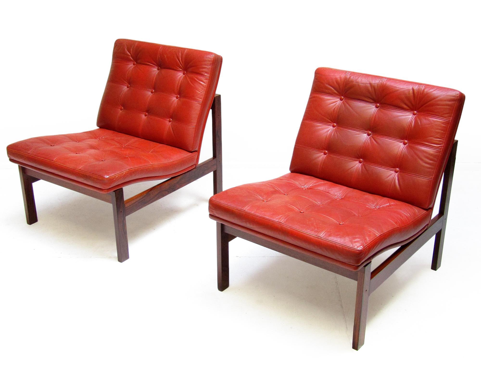 Two 1960s Danish Rosewood Leather Lounge Chairs by Ole Knudsen for France & Son In Good Condition For Sale In Shepperton, Surrey