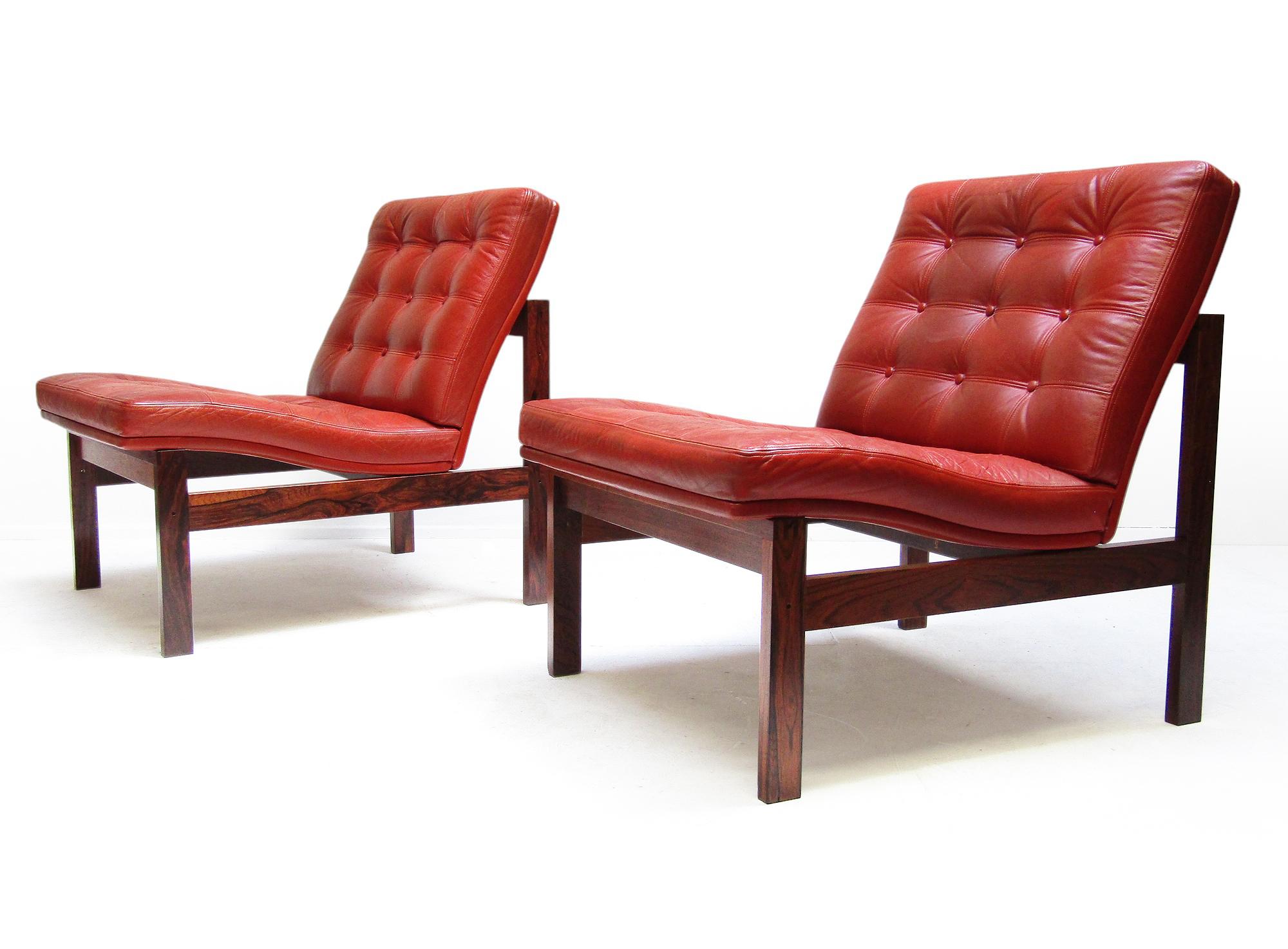 Two 1960s Danish Rosewood Leather Lounge Chairs by Ole Knudsen for France & Son For Sale 3