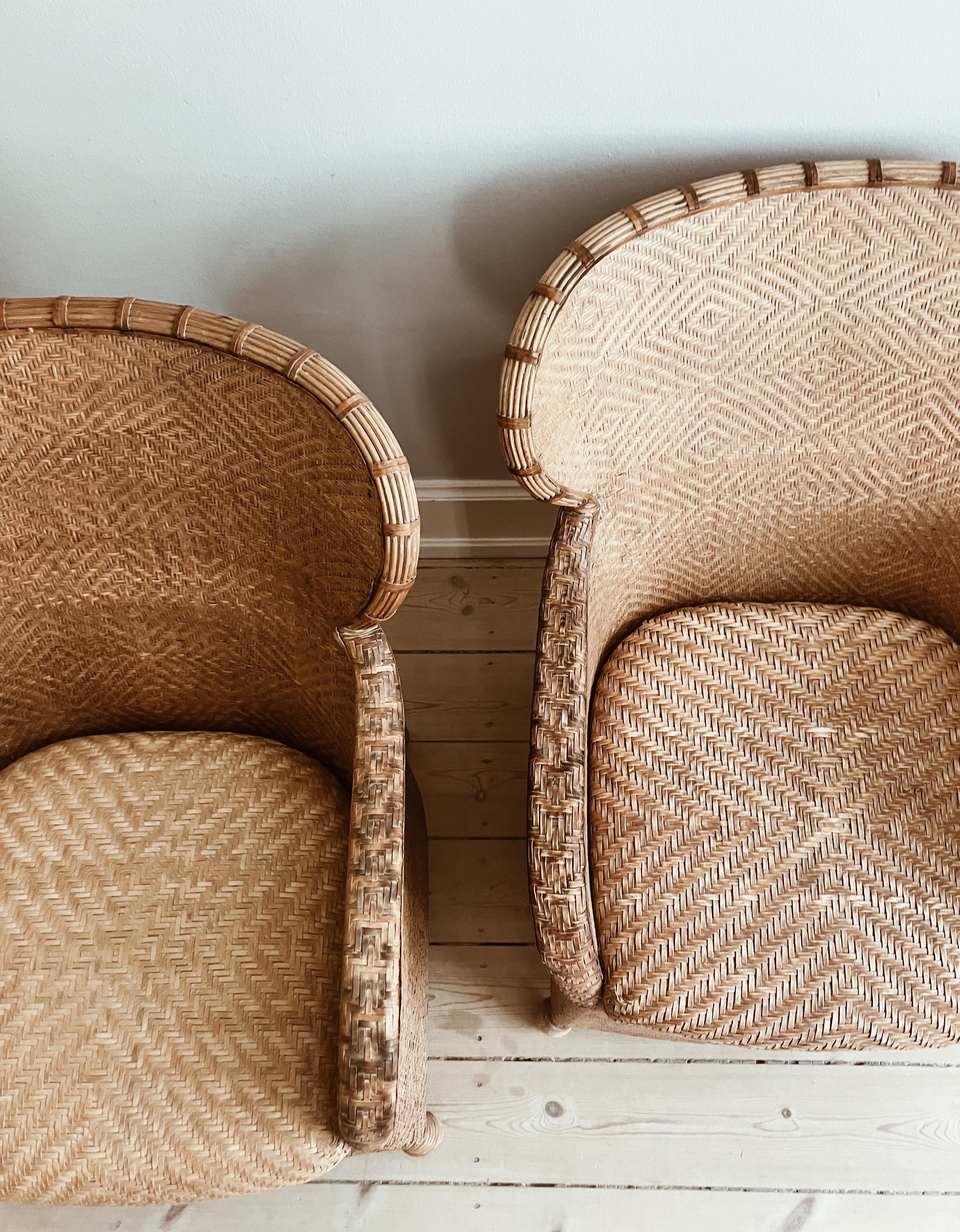 Danish Pair of Soren Lund Lounge Chairs / Arm chairs in Wicker / Cane and leather