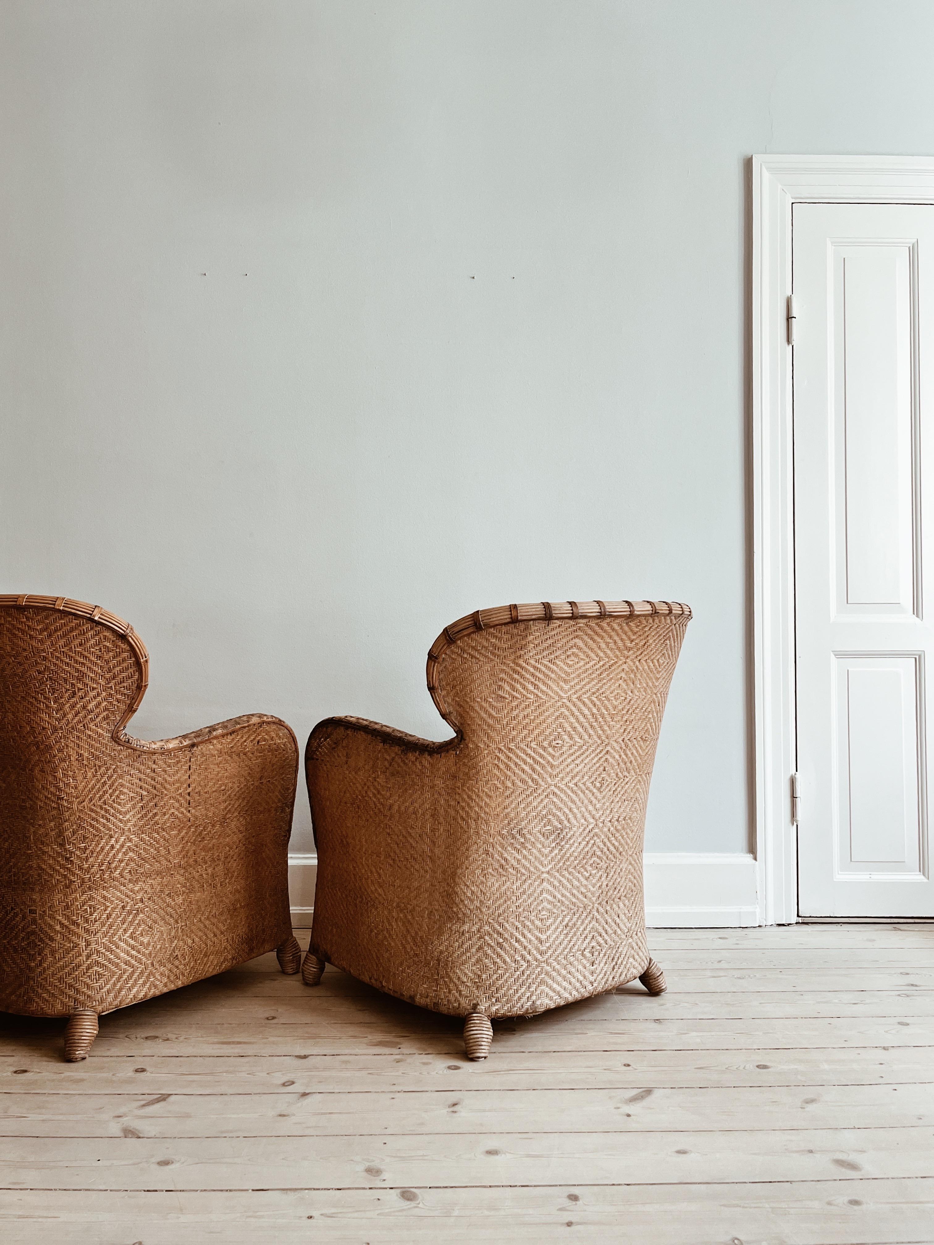 Hand-Crafted Pair of Soren Lund Lounge Chairs / Arm chairs in Wicker / Cane and leather
