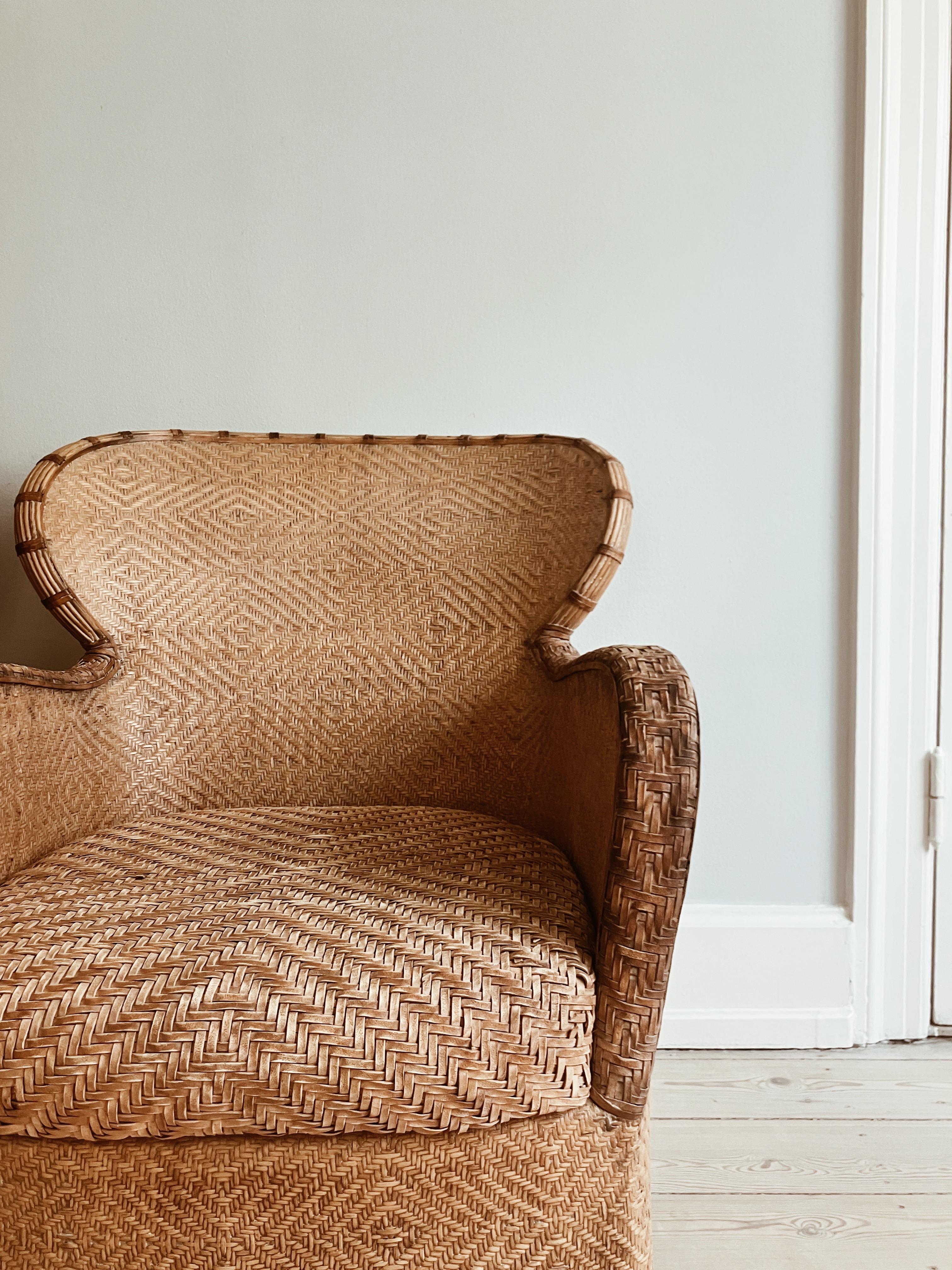 Mid-20th Century Pair of Soren Lund Lounge Chairs / Arm chairs in Wicker / Cane and leather