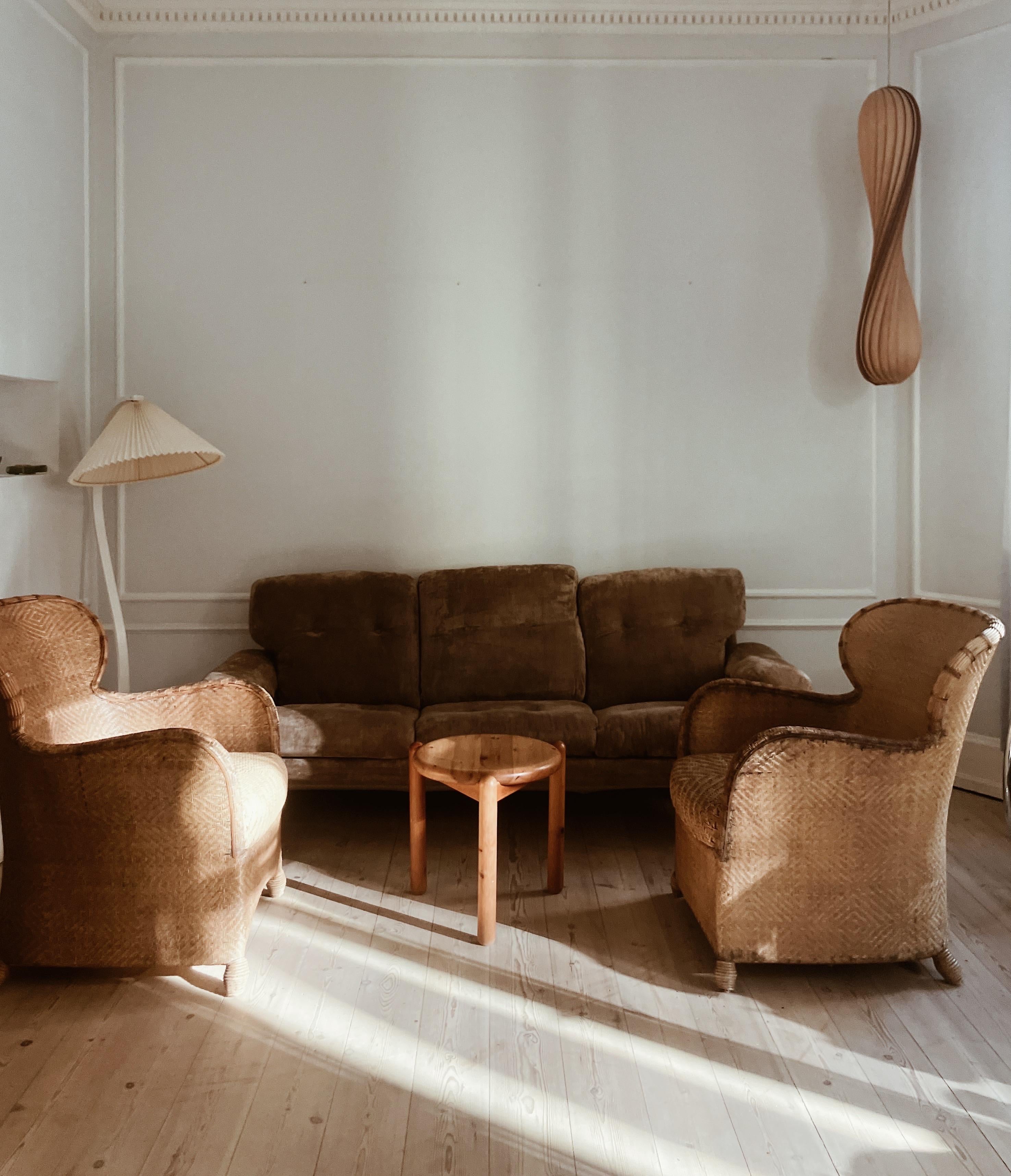 Leather Pair of Soren Lund Lounge Chairs / Arm chairs in Wicker / Cane and leather
