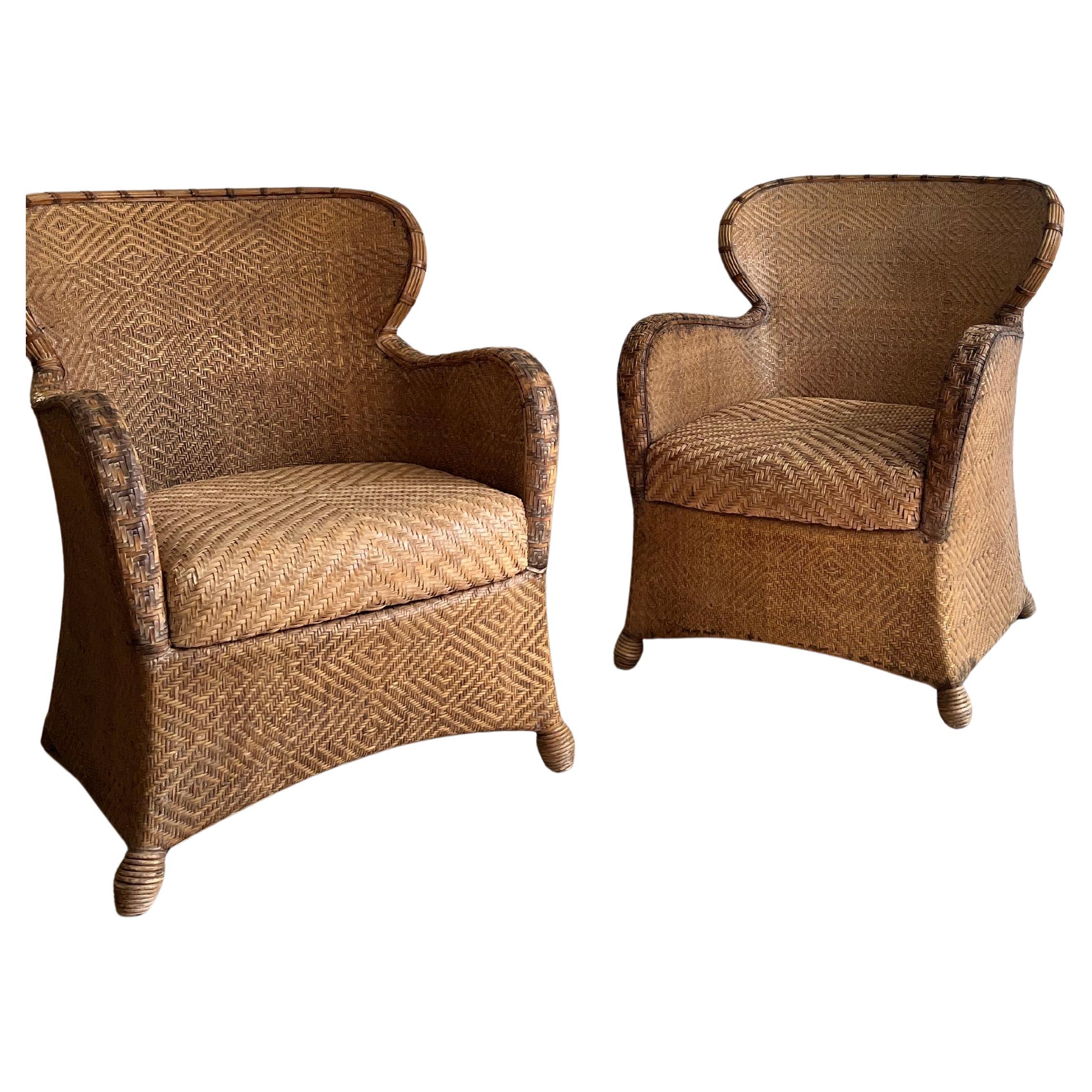 British Colonial Pair of Soren Lund Lounge Chairs / Arm chairs in Wicker / Cane and leather