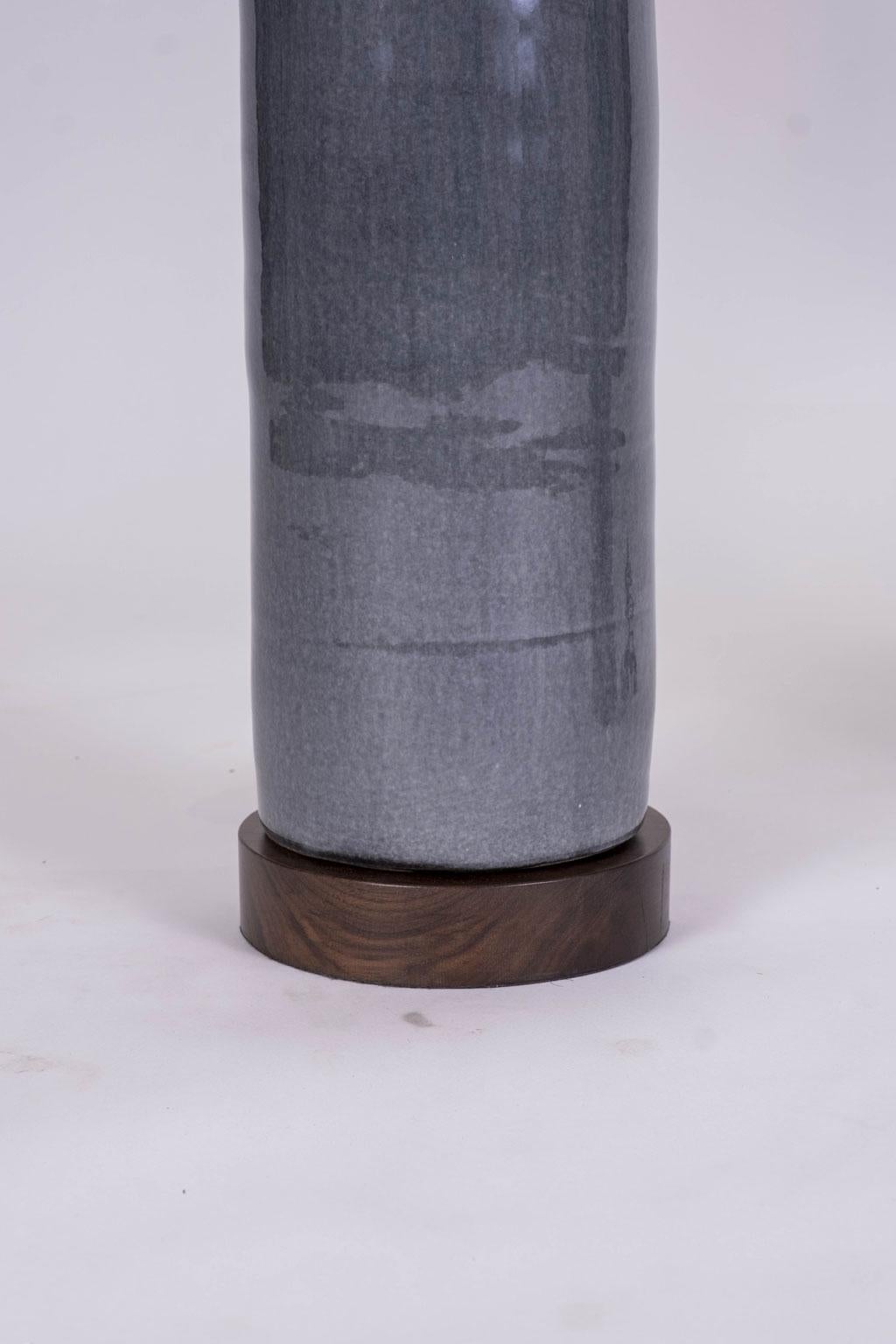 Organic Modern Two Dark Gray Ceramic Cylinder Shape Lamps