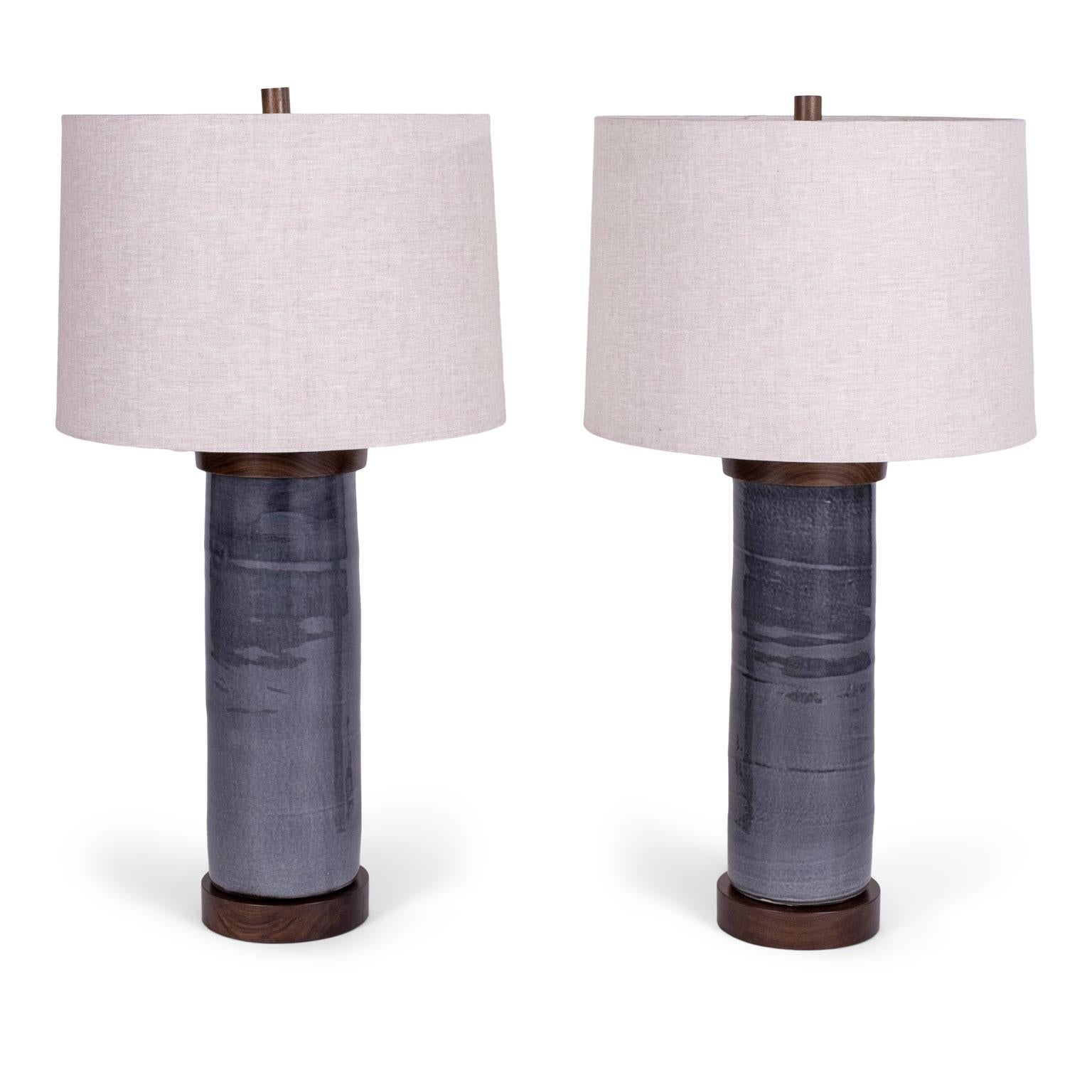 American Two Dark Gray Ceramic Cylinder Shape Lamps