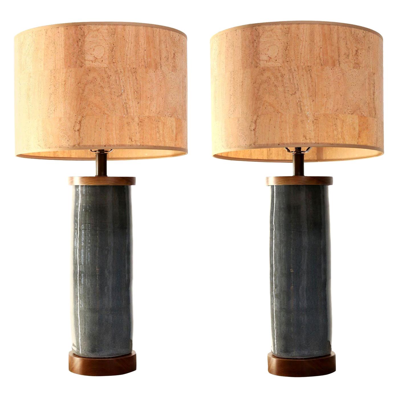 Two Dark Gray Ceramic Cylinder-Shape Lamps
