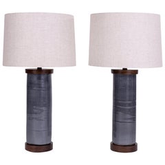 Two Dark Gray Ceramic Cylinder Shape Lamps