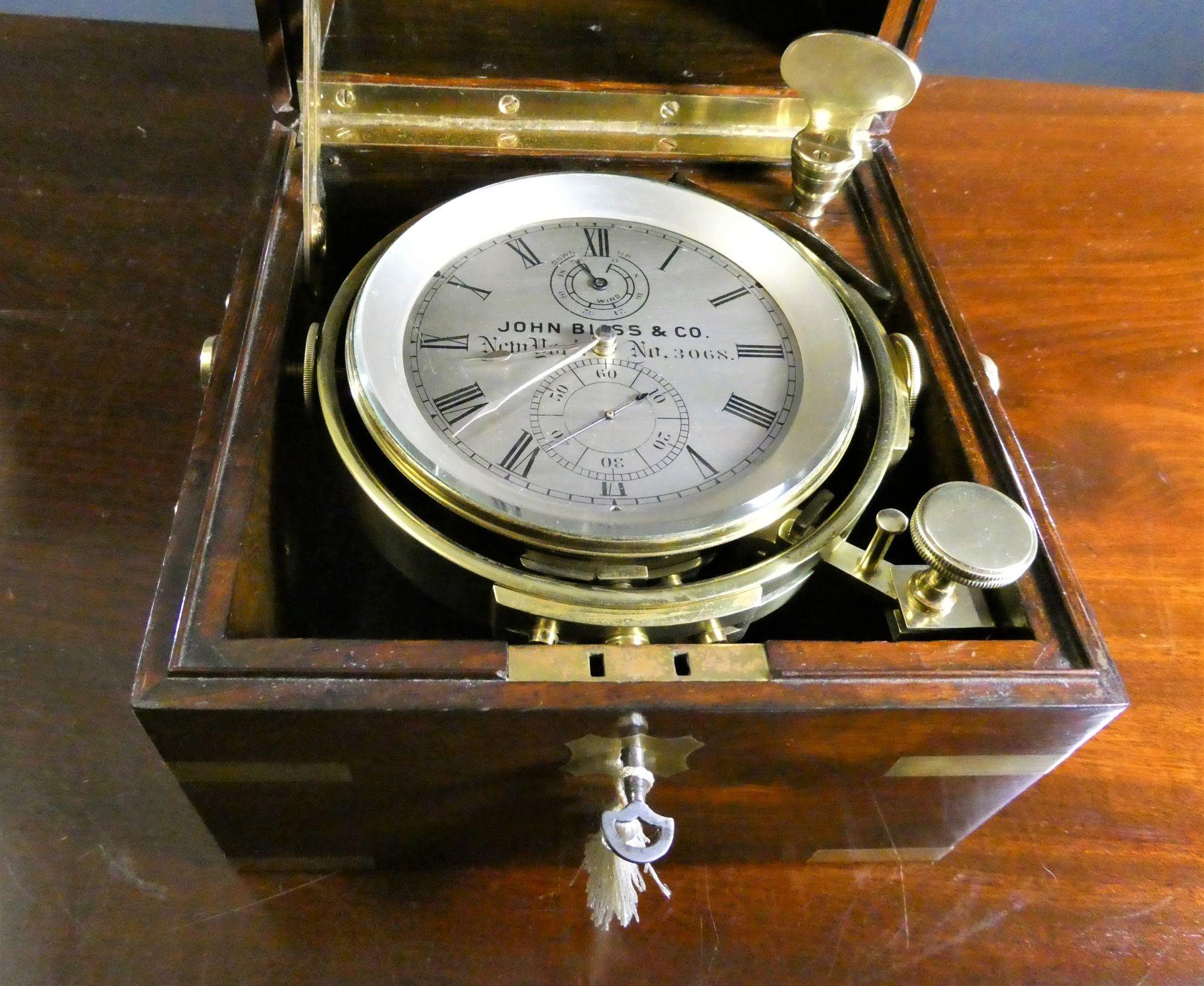 A Fine Two Day Marine Chronometer By John Bliss and Co, New York. No.3068

Two day marine chromometer by John Bliss and Co housed in a beautiful three tier brass bound box with brass carrying handles to the sides, brass push button knob opening to a