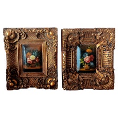 Two Decorative Golden Baroque Frames With a Bouquet of Flowers