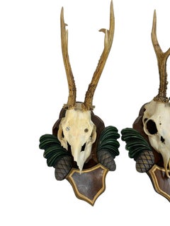 Two Deer Antler Mount Trophy Black Forest Carved Wood Plaque Austria Folk Art