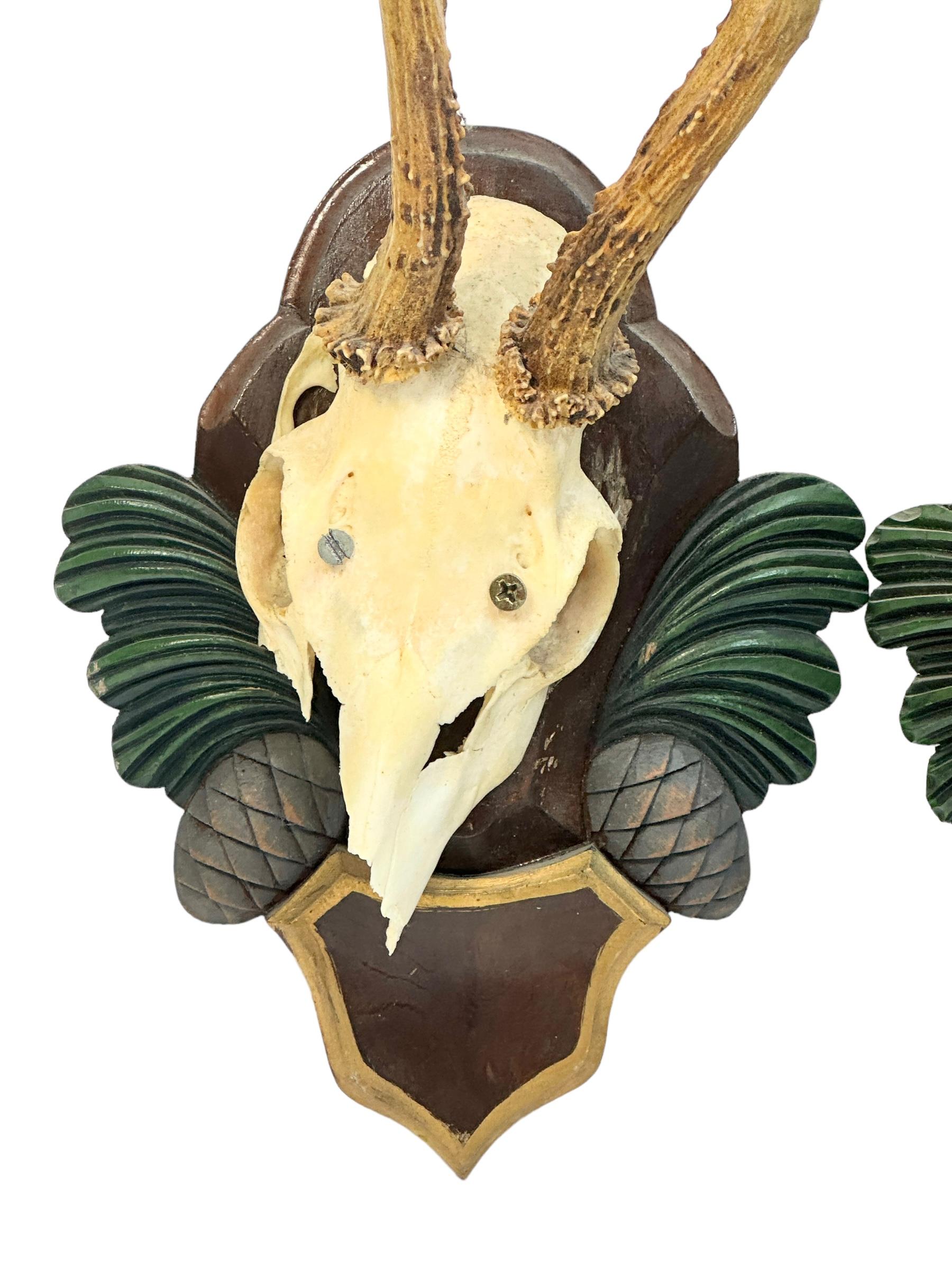 Two Deer Antler Mount Trophy Black Forest Carved Wood Plaque Austria Folk Art  For Sale 1